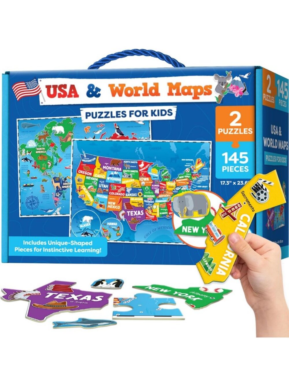 145pc World Map & USA Jigsaw Floor Puzzles for Kids Ages 6-8 - Educational Fun!